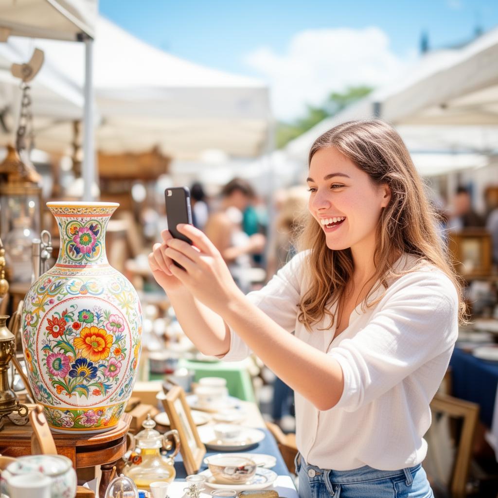 A person scanning an antique vase with their phone at a flea market