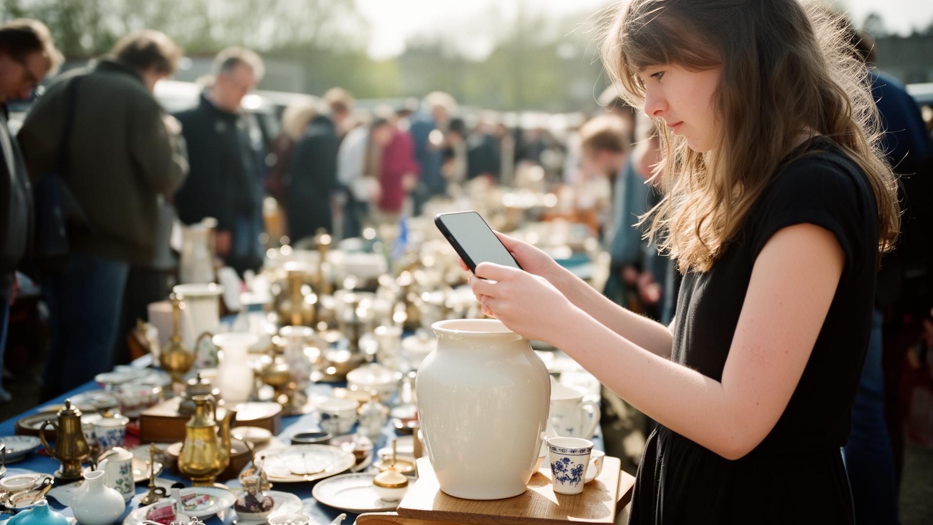 A shopper raising her phone to scan a ceramic vase at a sunny car boot sale