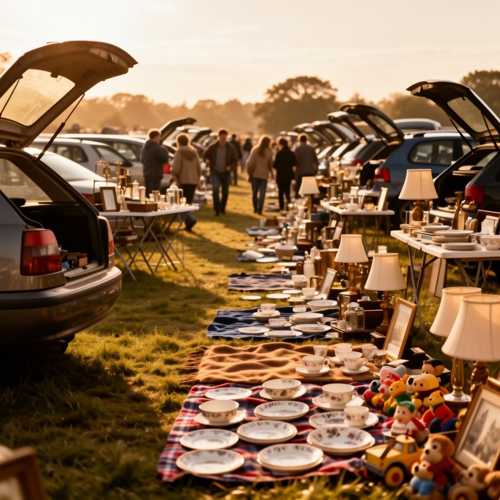 A bustling British car boot sale in a sunny field with open car boots and bric-a-brac laid out on blankets