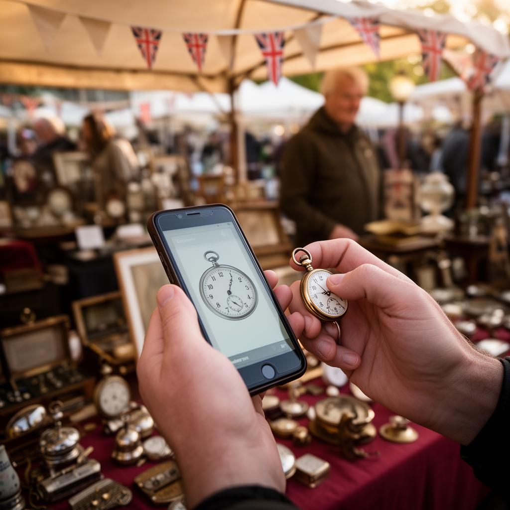 Hands holding a phone scanning a vintage pocket watch at a market stall