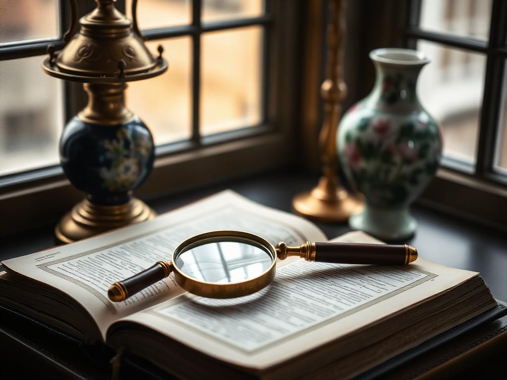 An antique magnifying glass resting on an open auction catalogue beside a brass lamp and porcelain vase