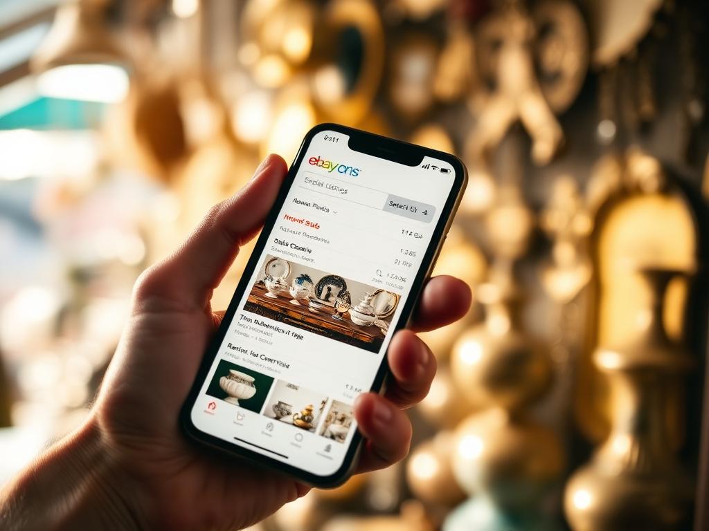 A hand holding a phone showing a marketplace search of sold antique listings at a sunny stall