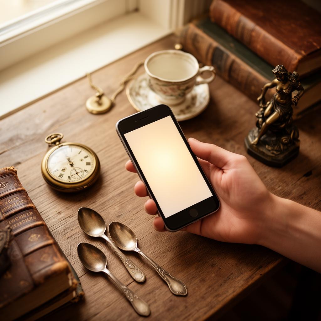 A hand holding a smartphone over a wooden table covered with antique objects