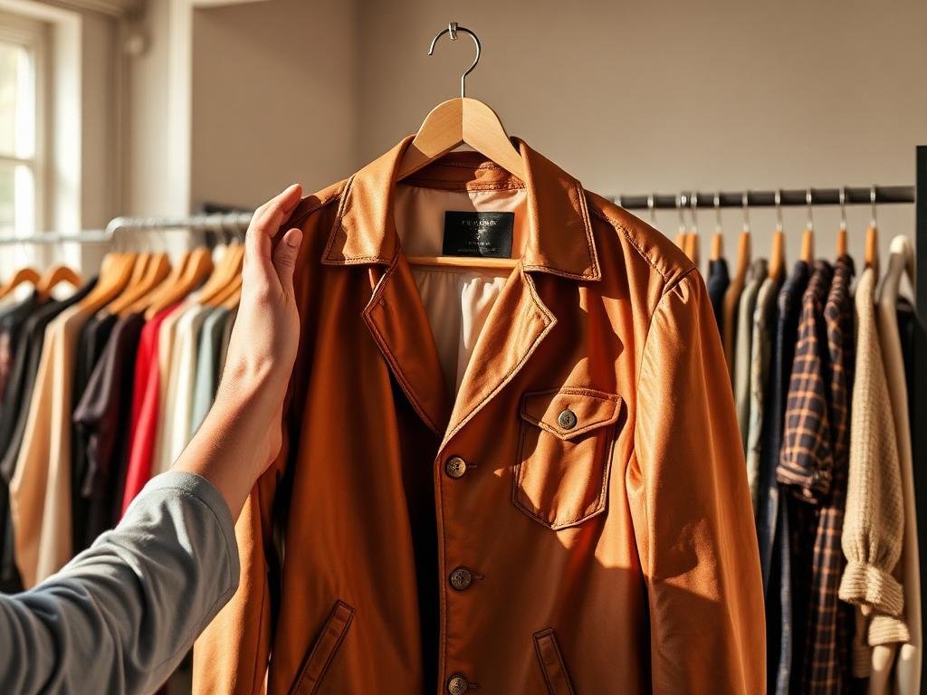 A person inspecting a vintage tan jacket on a wooden hanger in front of a rail of second-hand clothes